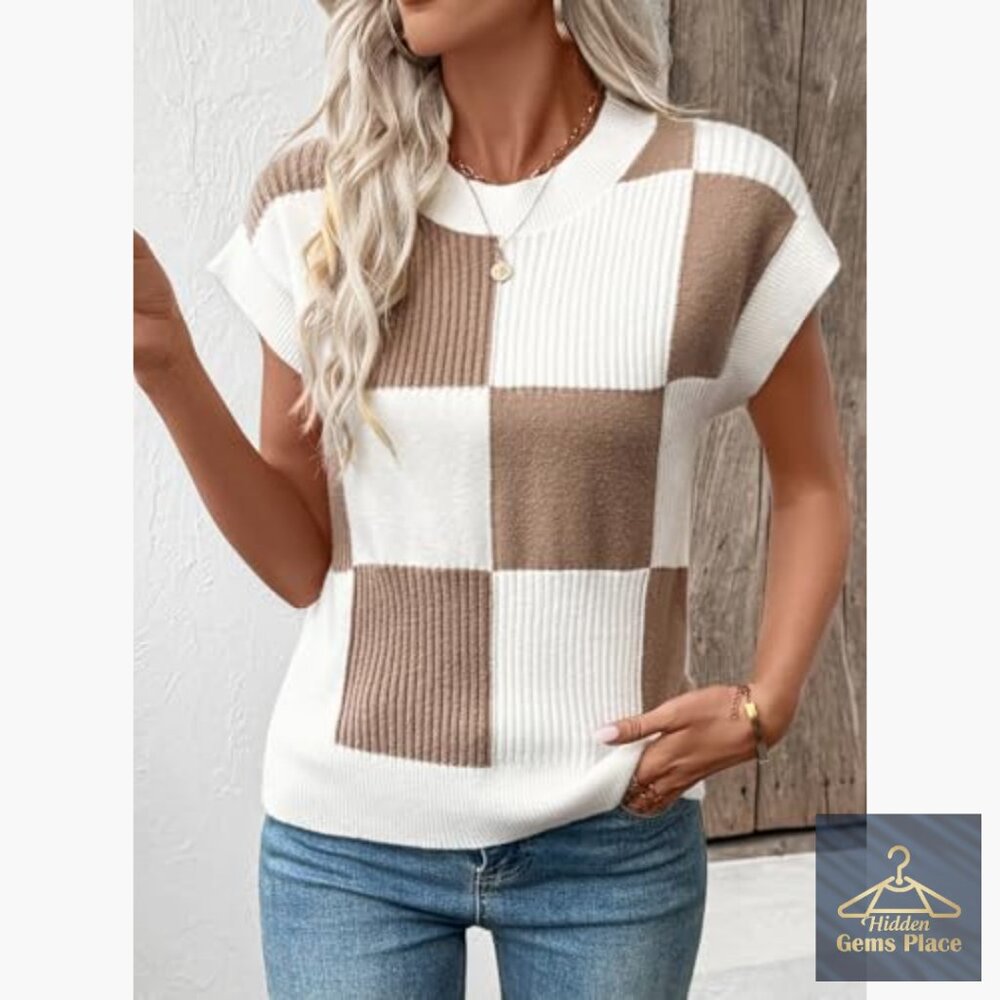 Short Sleeve Crewneck Sweater Vest, Color Block Knit Top, Relaxed Fit - Picture 2 of 7